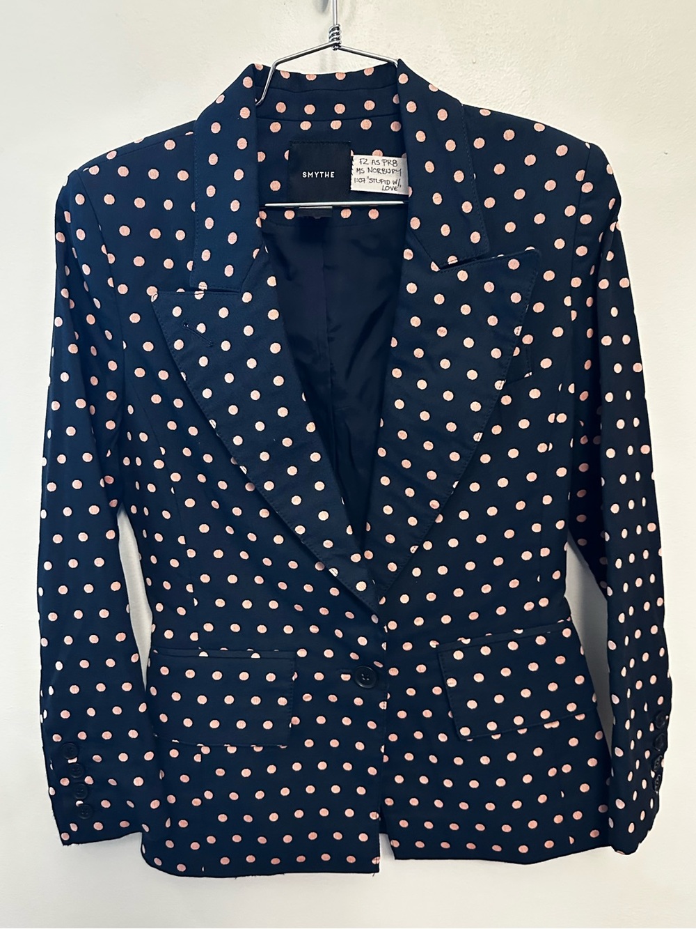 Smythe Navy Blazer with Pink Polka Dots